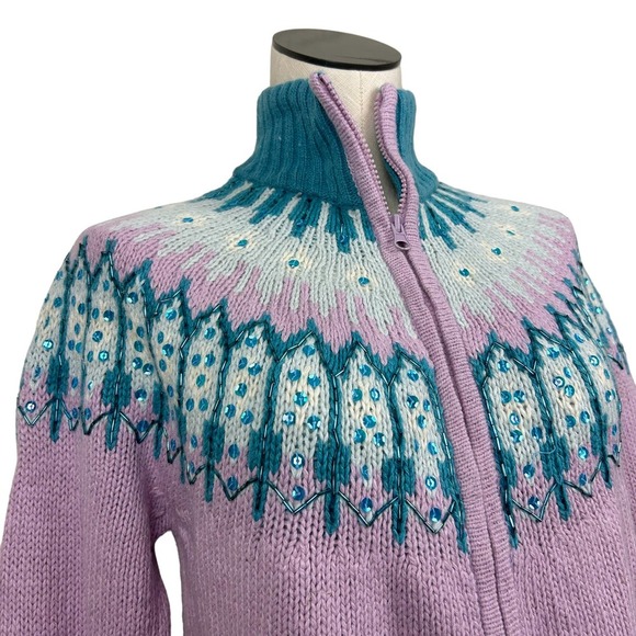 Y2K Deadstock Beaded Pastel Fair Isle Turtleneck Zip Front Sweater L - Picture 3 of 5